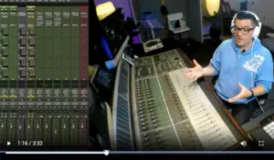 Natural Vocal Production course trailer thumbnail: Splitscreen with Pro Tools mixer on left, Dana at console with hands extended wearing blue hoodie
